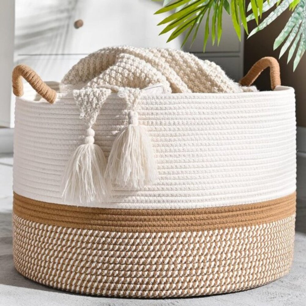 New 20x13Inch Large Blanket Basket, Woven Cotton Rope Storage for Laundry